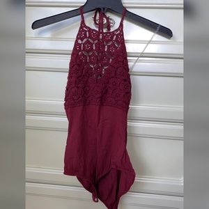 Burgundy deep v bodysuit